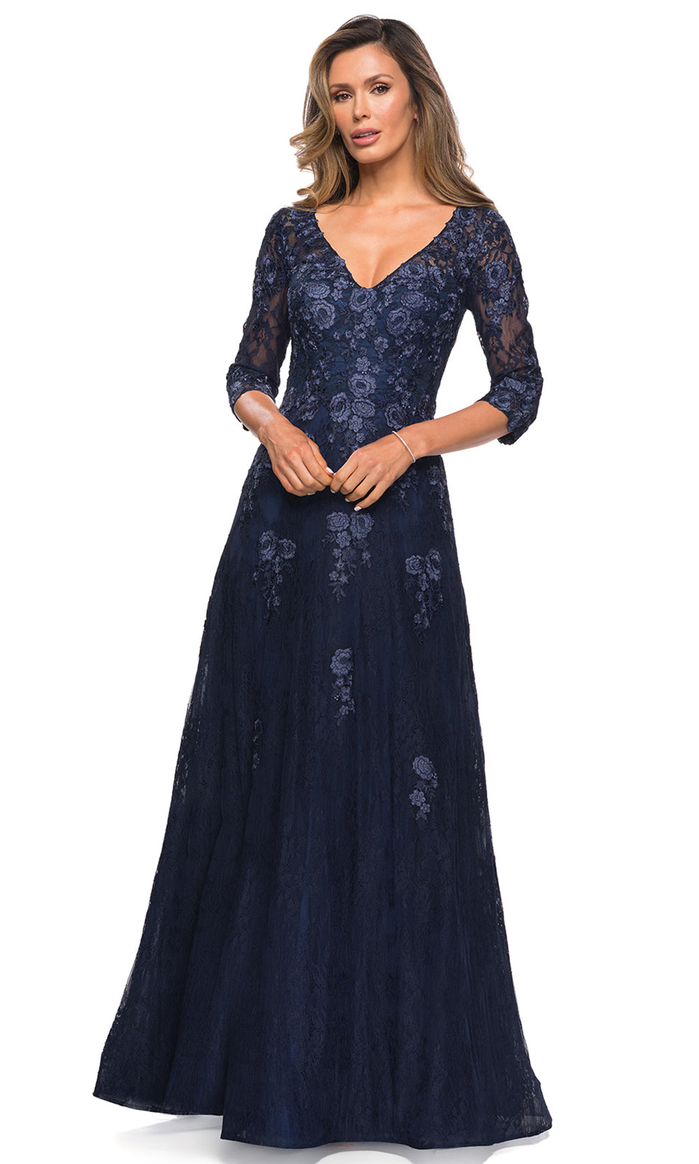 La Femme - 28000 Beaded Lace A-Line Evening Dress In Blue
