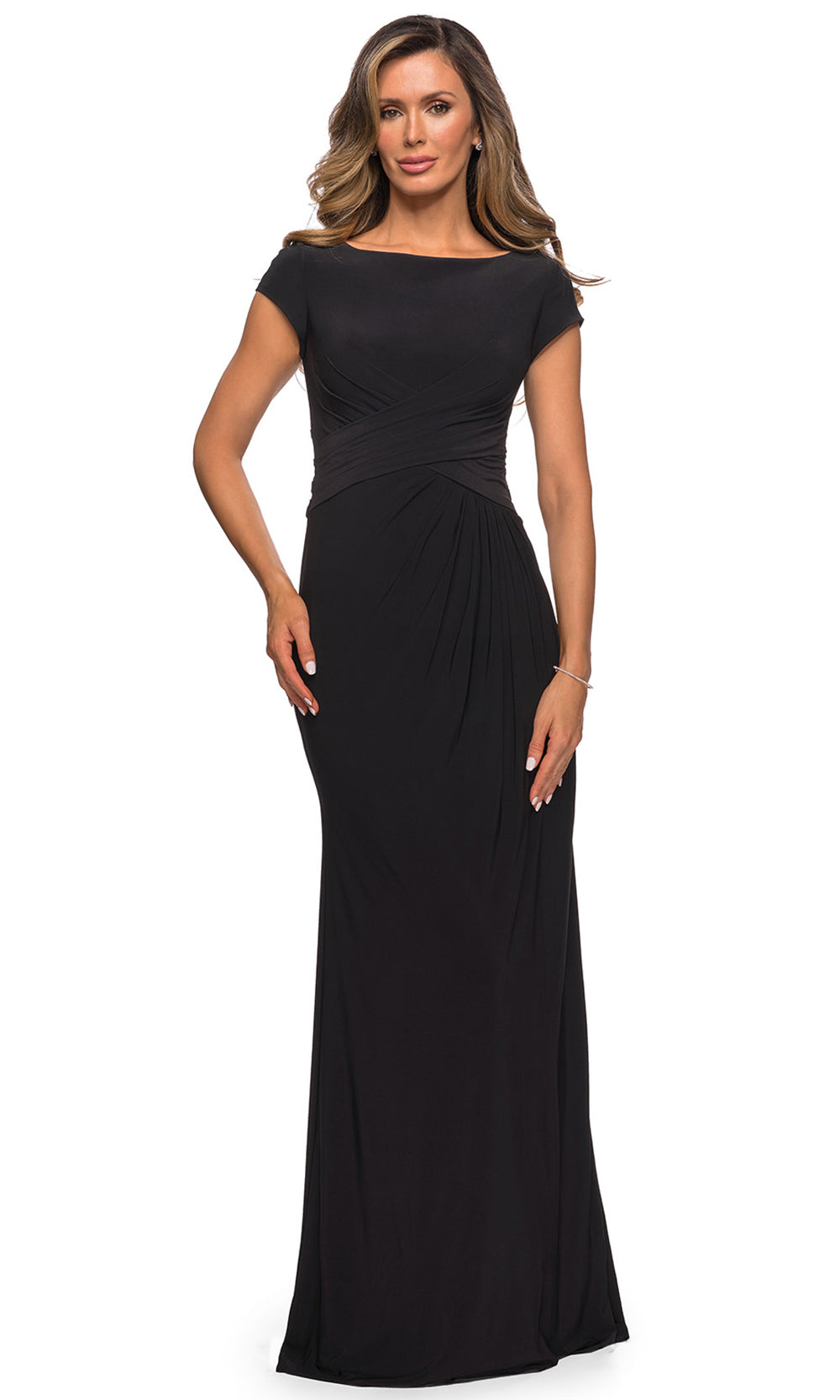 La Femme - 28026 Cap Sleeve Jersey Long Formal Dress In Black
