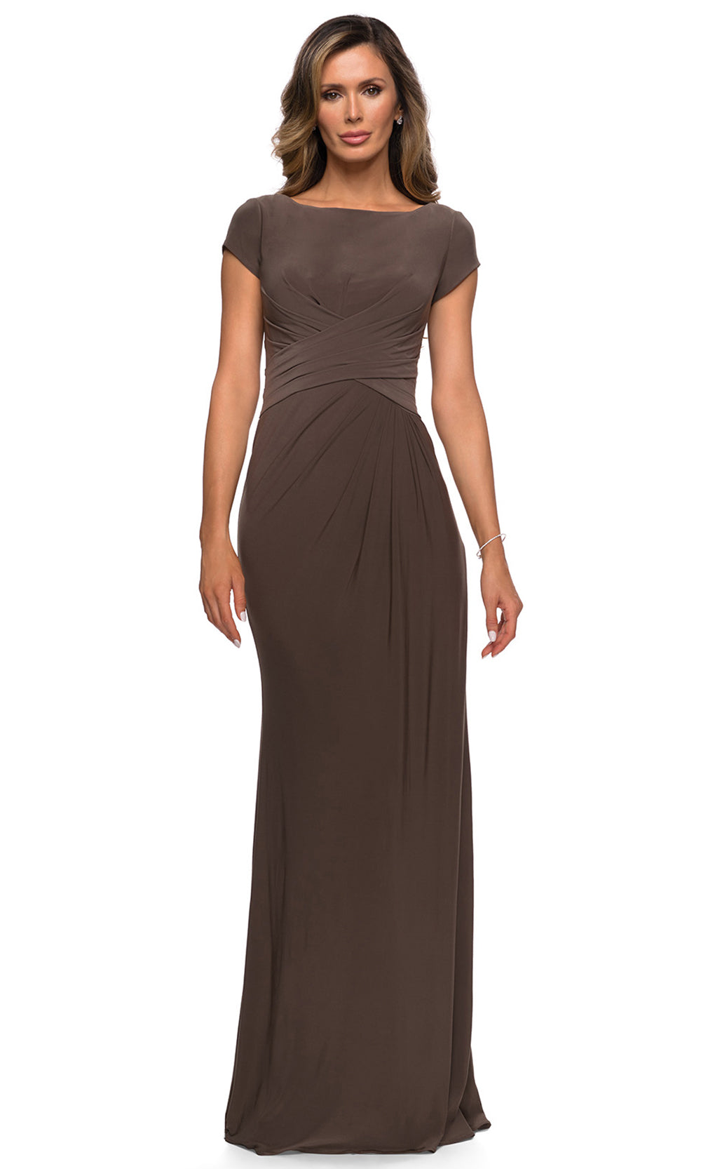 La Femme - 28026 Cap Sleeve Jersey Long Formal Dress In Brown