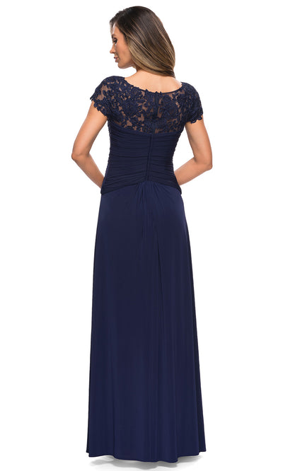 La Femme - 28029 Floral Lace Illusion Bateau Dress In Blue