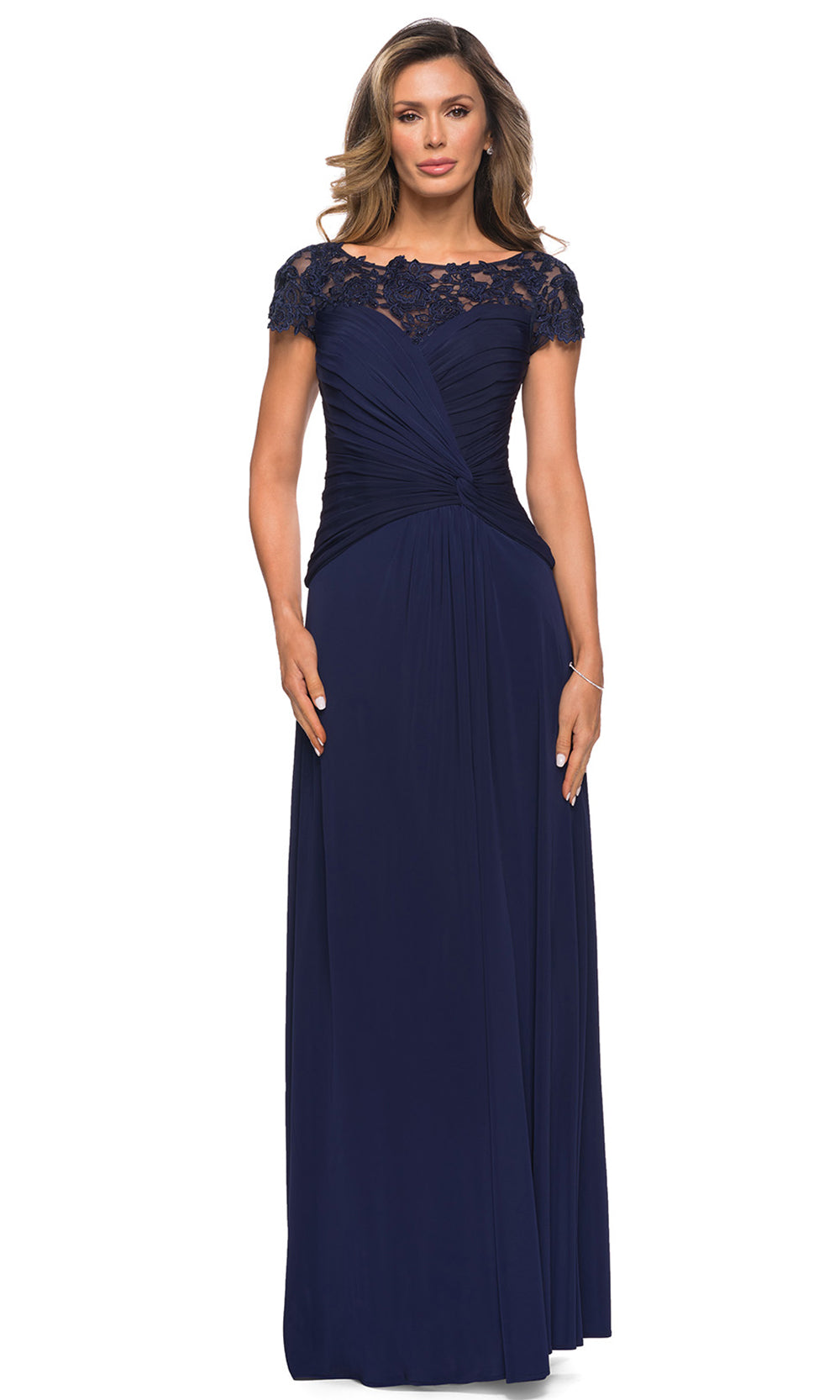 La Femme - 28029 Floral Lace Illusion Bateau Dress In Blue