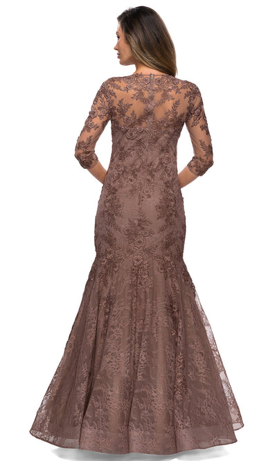 La Femme - 28033 Square Neckline Lace Embroidery Mermaid Formal Dress In Brown