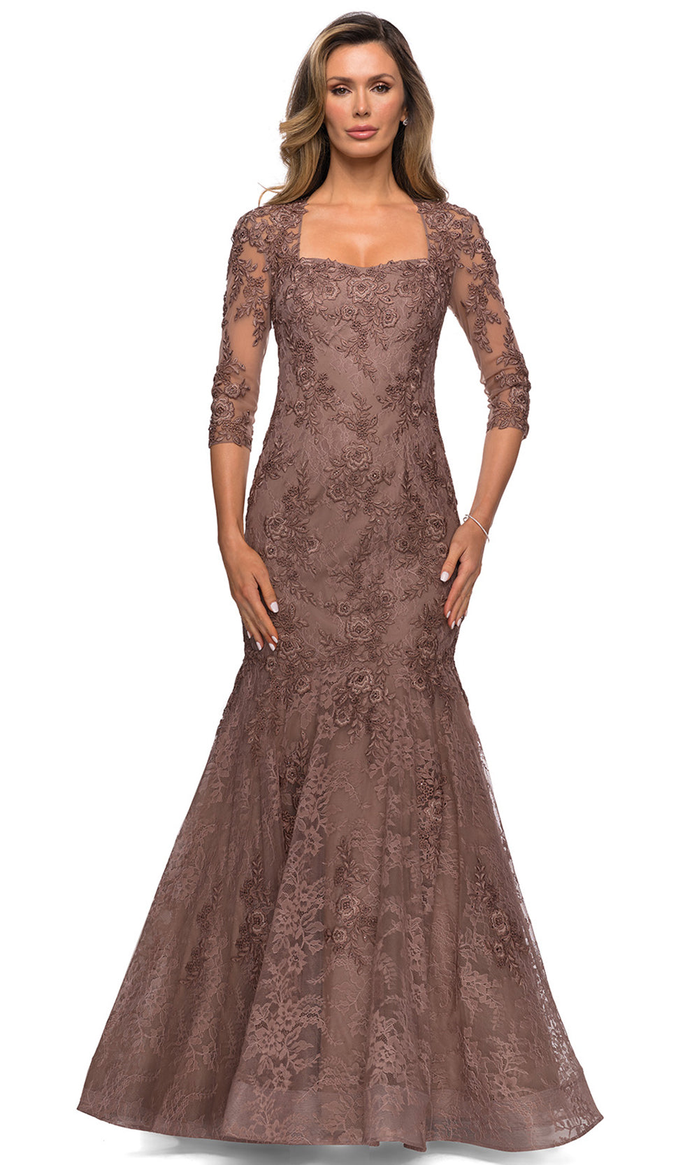 La Femme - 28033 Square Neckline Lace Embroidery Mermaid Formal Dress In Brown