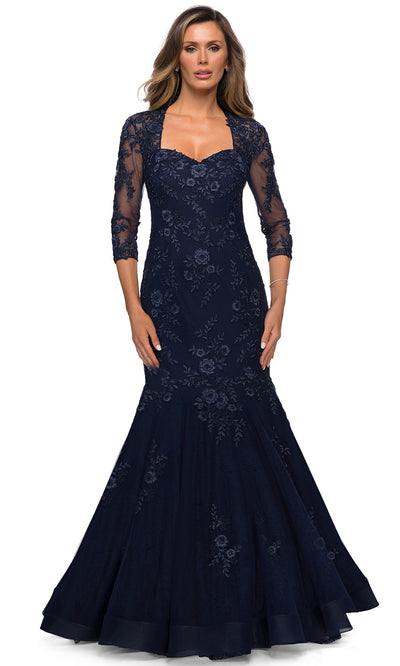 La Femme - 28033 Square Neckline Lace Embroidery Mermaid Formal Dress In Blue