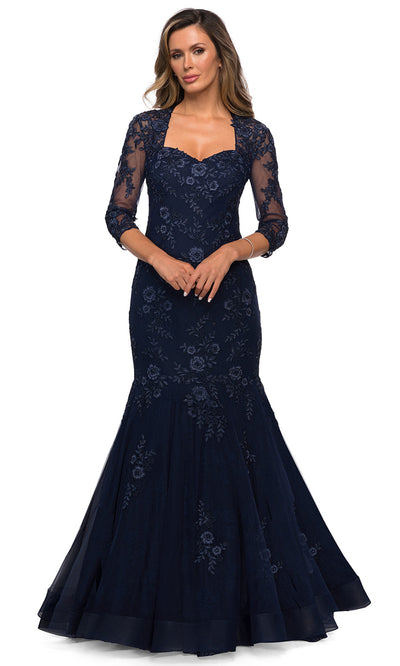La Femme - 28033 Square Neckline Lace Embroidery Mermaid Formal Dress In Blue