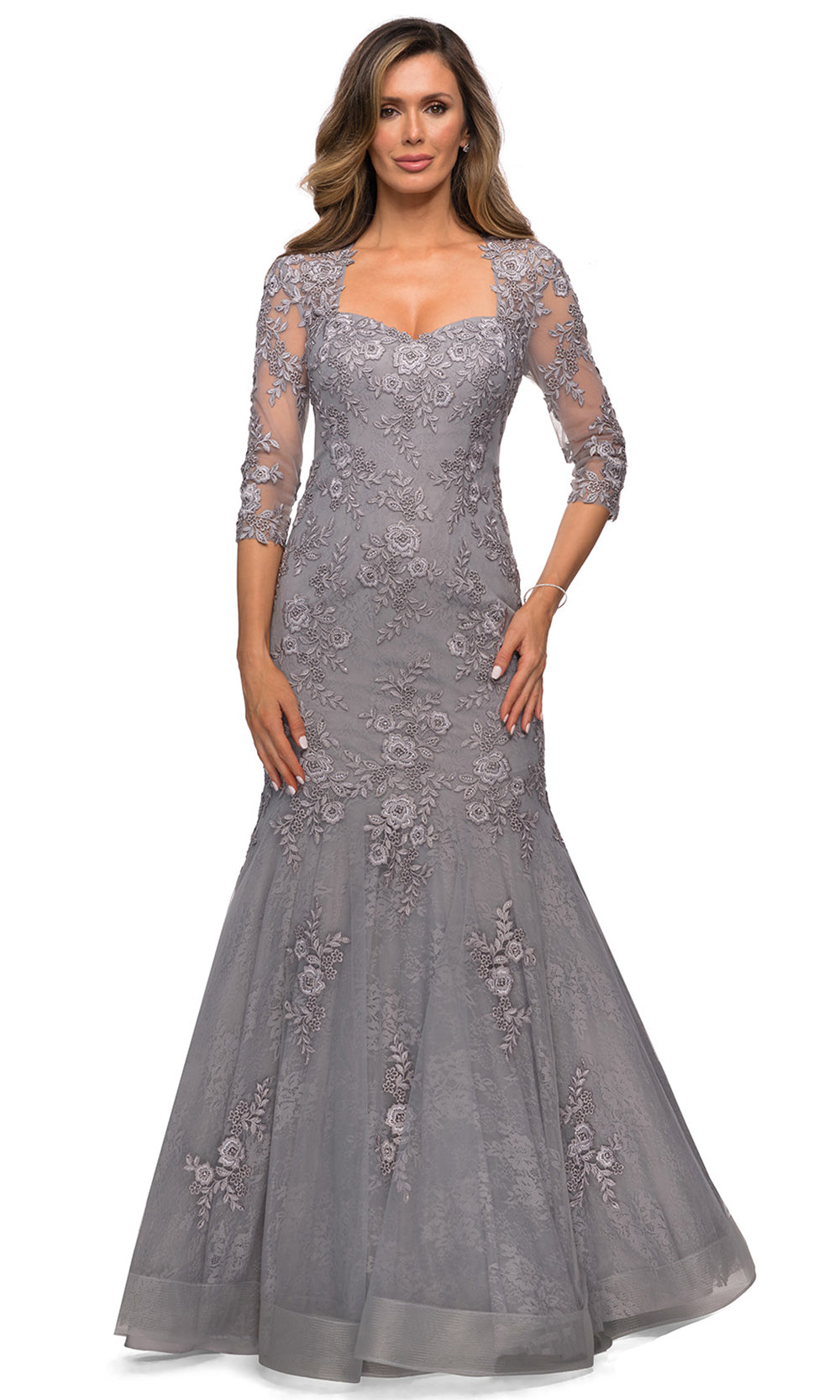 La Femme - 28033 Square Neckline Lace Embroidery Mermaid Formal Dress In Silver & Gray