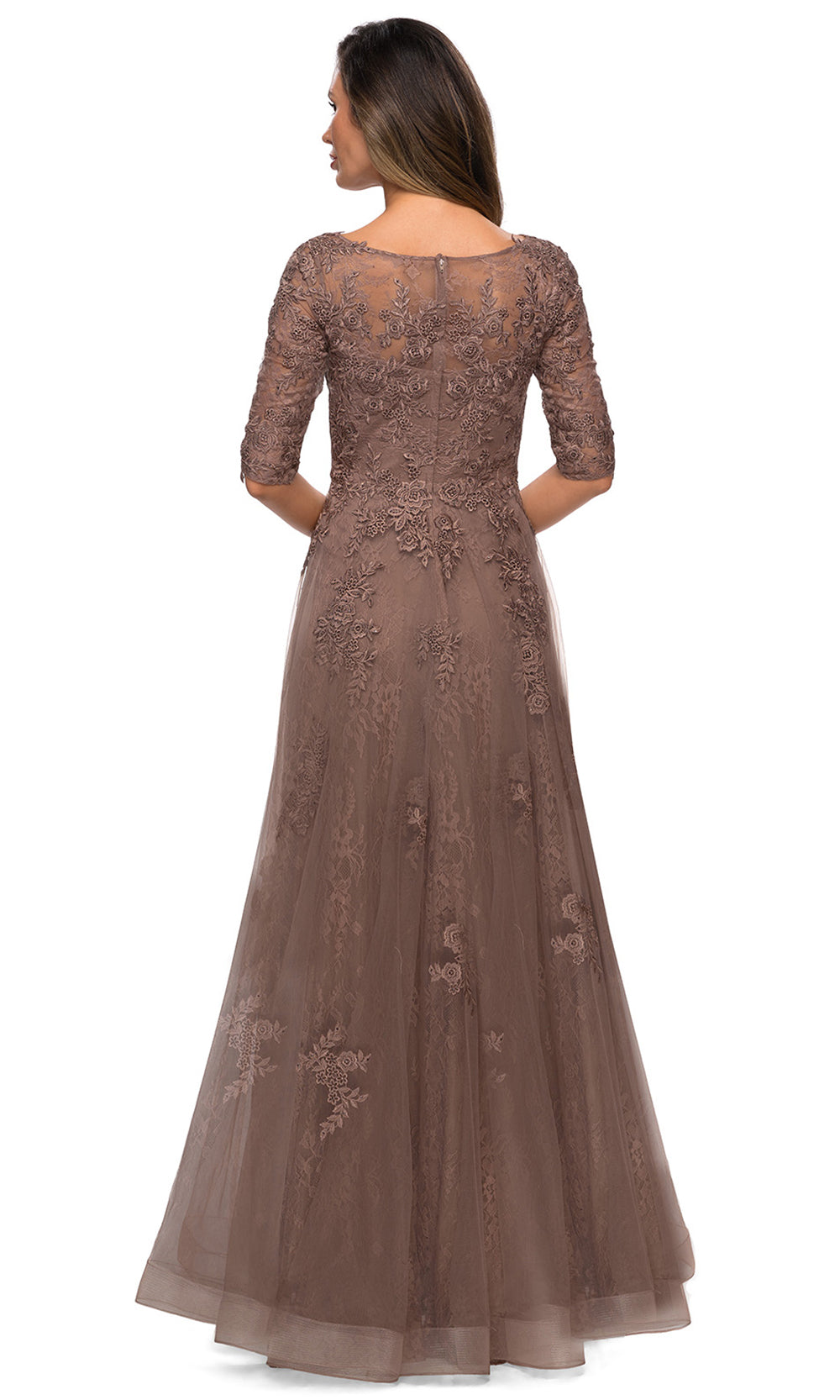La Femme - 28036 Bateau Neck Floral Lace Over Tulle Long Formal Dress In Brown