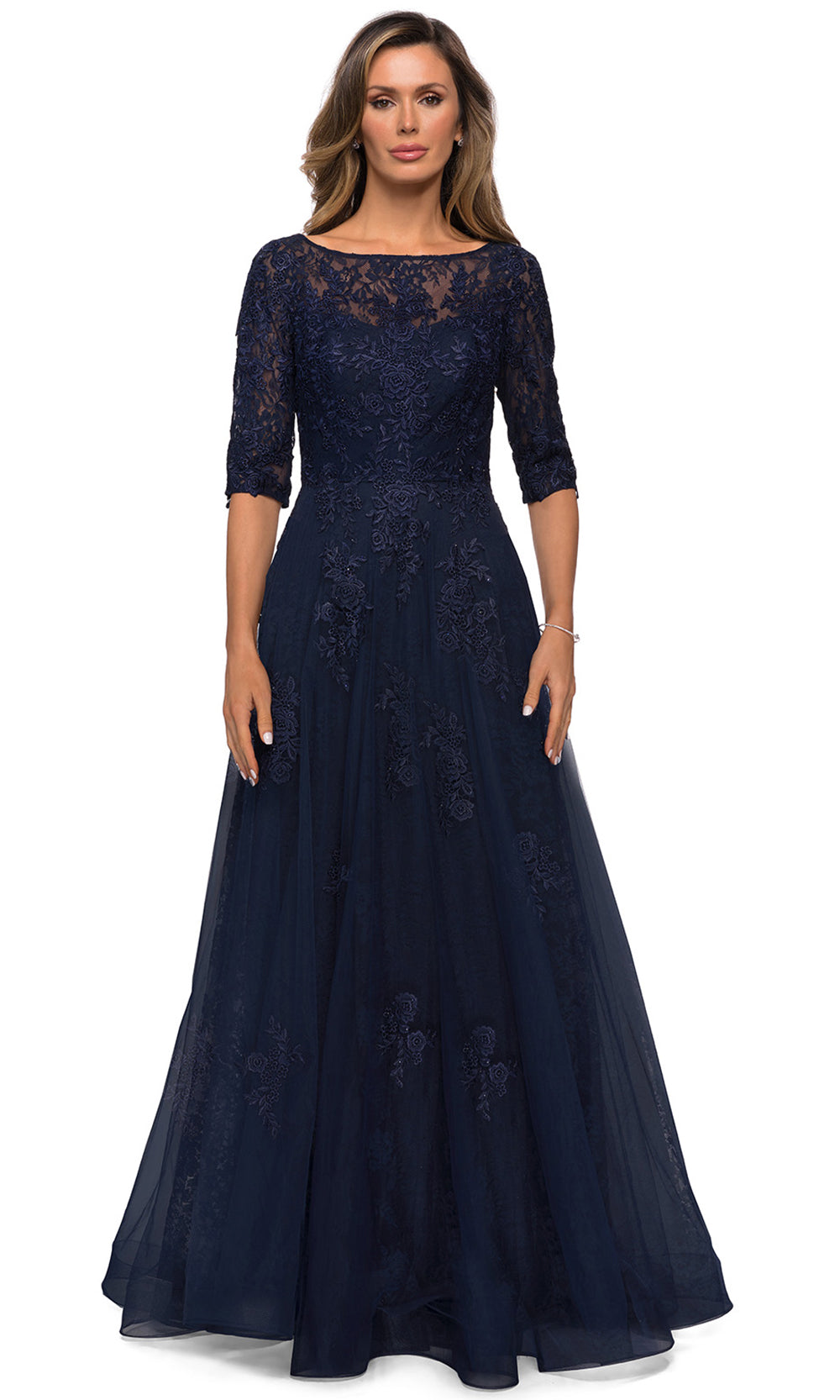 La Femme - 28036 Bateau Neck Floral Lace Over Tulle Long Formal Dress In Blue