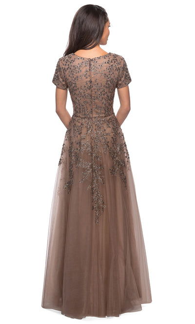 La Femme - 28037 Short Sleeve Embroidered Lace Tulle Dress In Brown