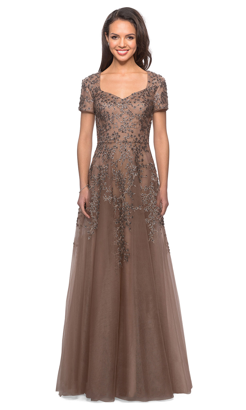 La Femme - 28037 Short Sleeve Embroidered Lace Tulle Dress In Brown