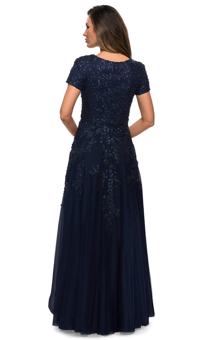 La Femme - 28037 Short Sleeve Embroidered Lace Tulle Dress In Blue