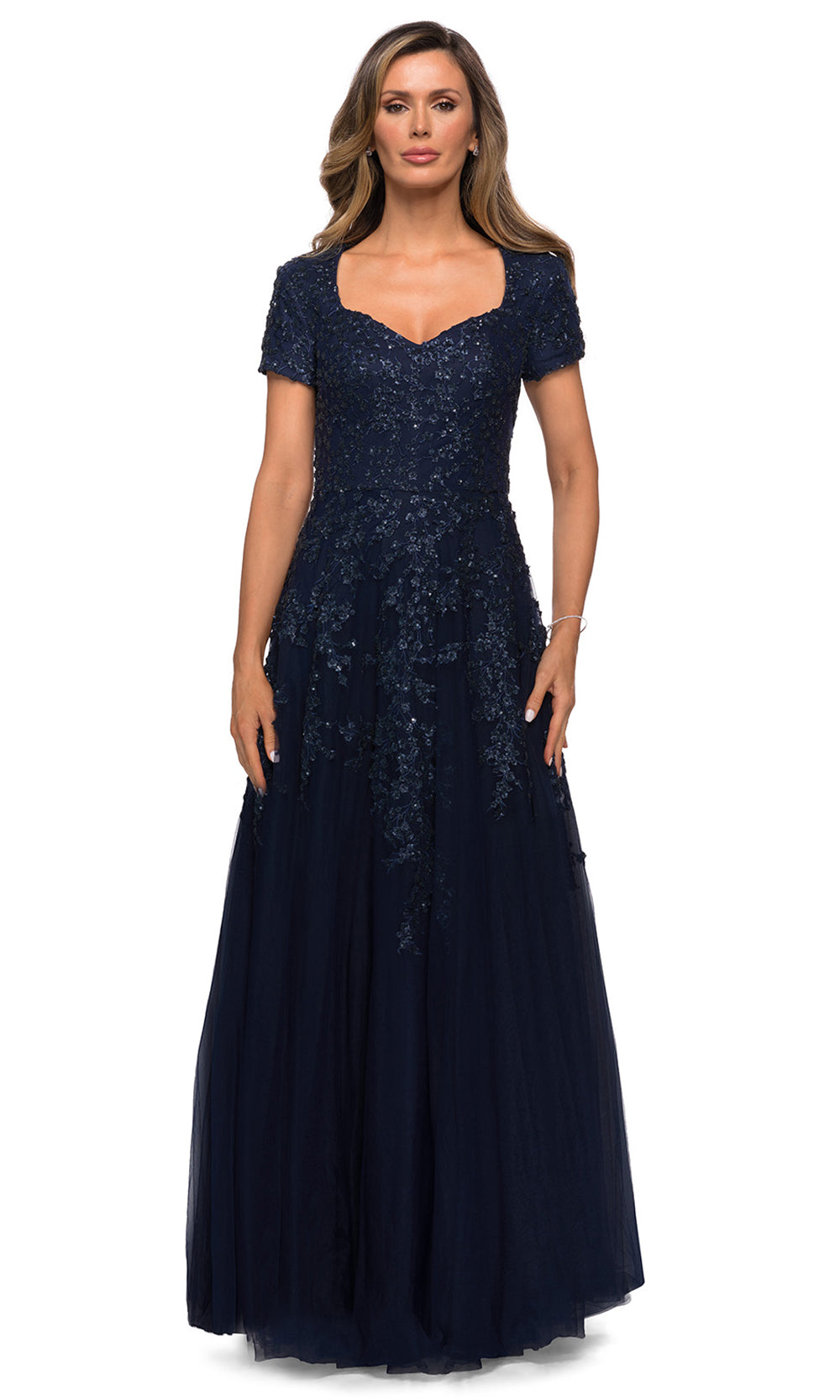 La Femme - 28037 Short Sleeve Embroidered Lace Tulle Dress In Blue