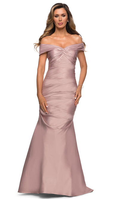La Femme - 28047 Off Shoulder Long Fit And Flare Dress In Pink