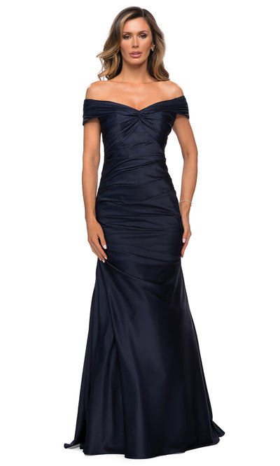 La Femme - 28047 Off Shoulder Long Fit And Flare Dress In Blue
