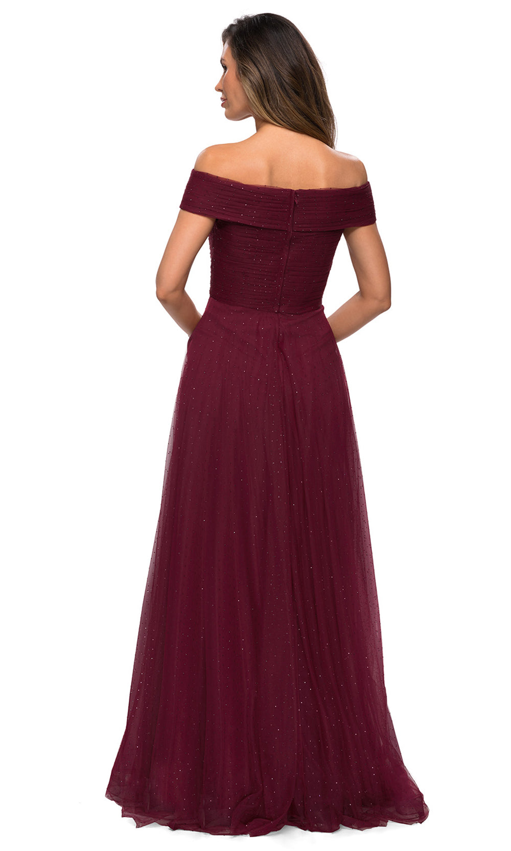 La Femme - 28051 Rhinestone Beaded Off Shoulder A-Line Evening Dress In Burgundy