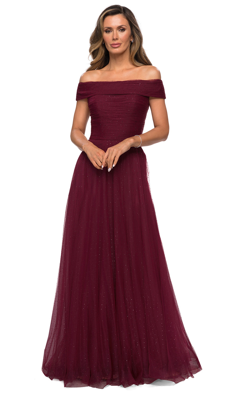 La Femme - 28051 Rhinestone Beaded Off Shoulder A-Line Evening Dress In Burgundy