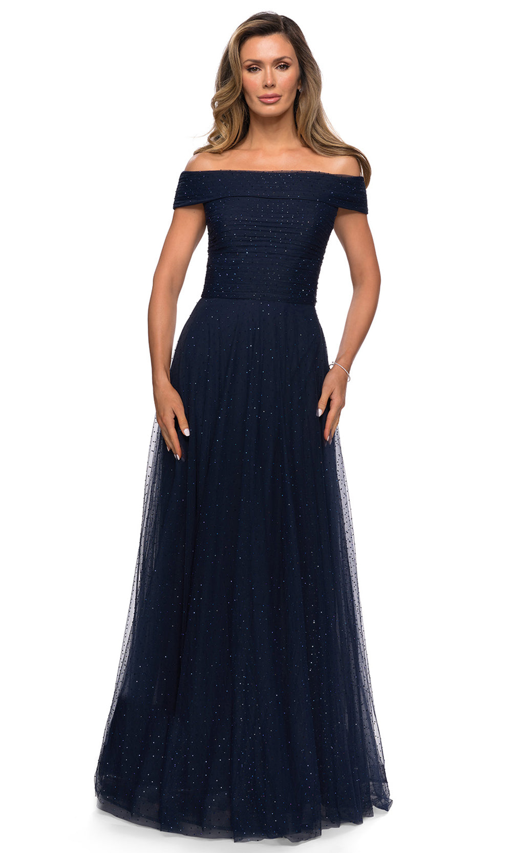 La Femme - 28051 Rhinestone Beaded Off Shoulder A-Line Evening Dress In Blue