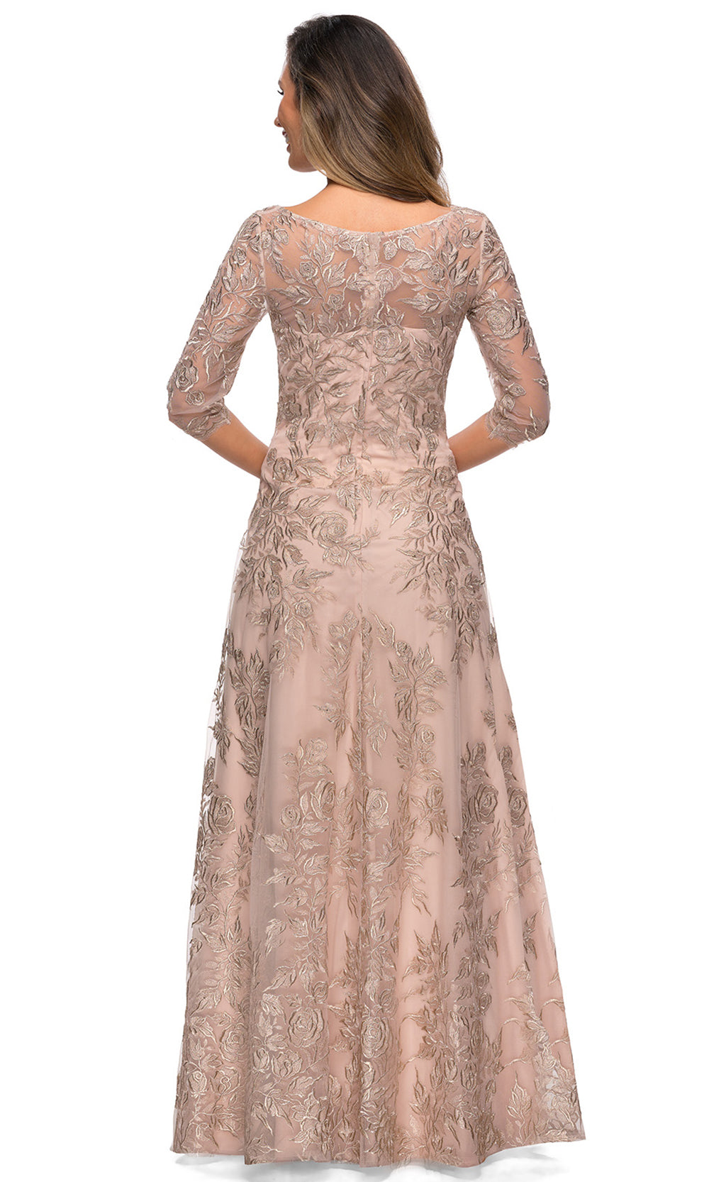 La Femme - 28053 V Neck Lace A-Line Gown In Neutral
