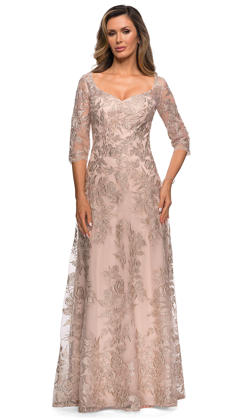 La Femme - 28053 V Neck Lace A-Line Gown In Neutral