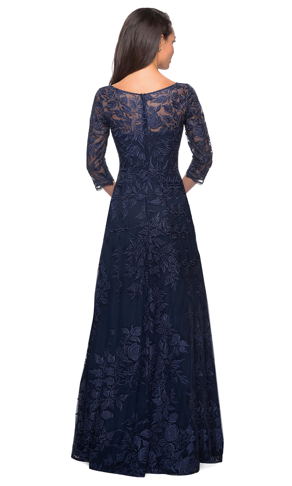 La Femme - 28053 V Neck Lace A-Line Gown In Blue