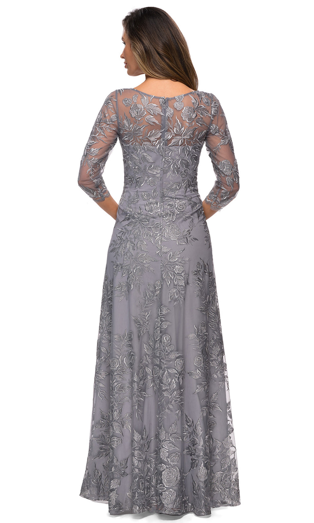 La Femme - 28053 V Neck Lace A-Line Gown In Silver