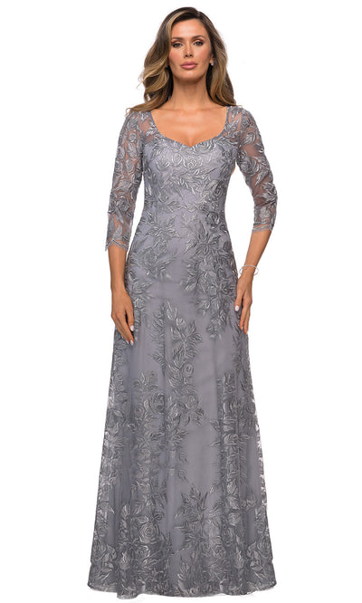 La Femme - 28053 V Neck Lace A-Line Gown In Silver