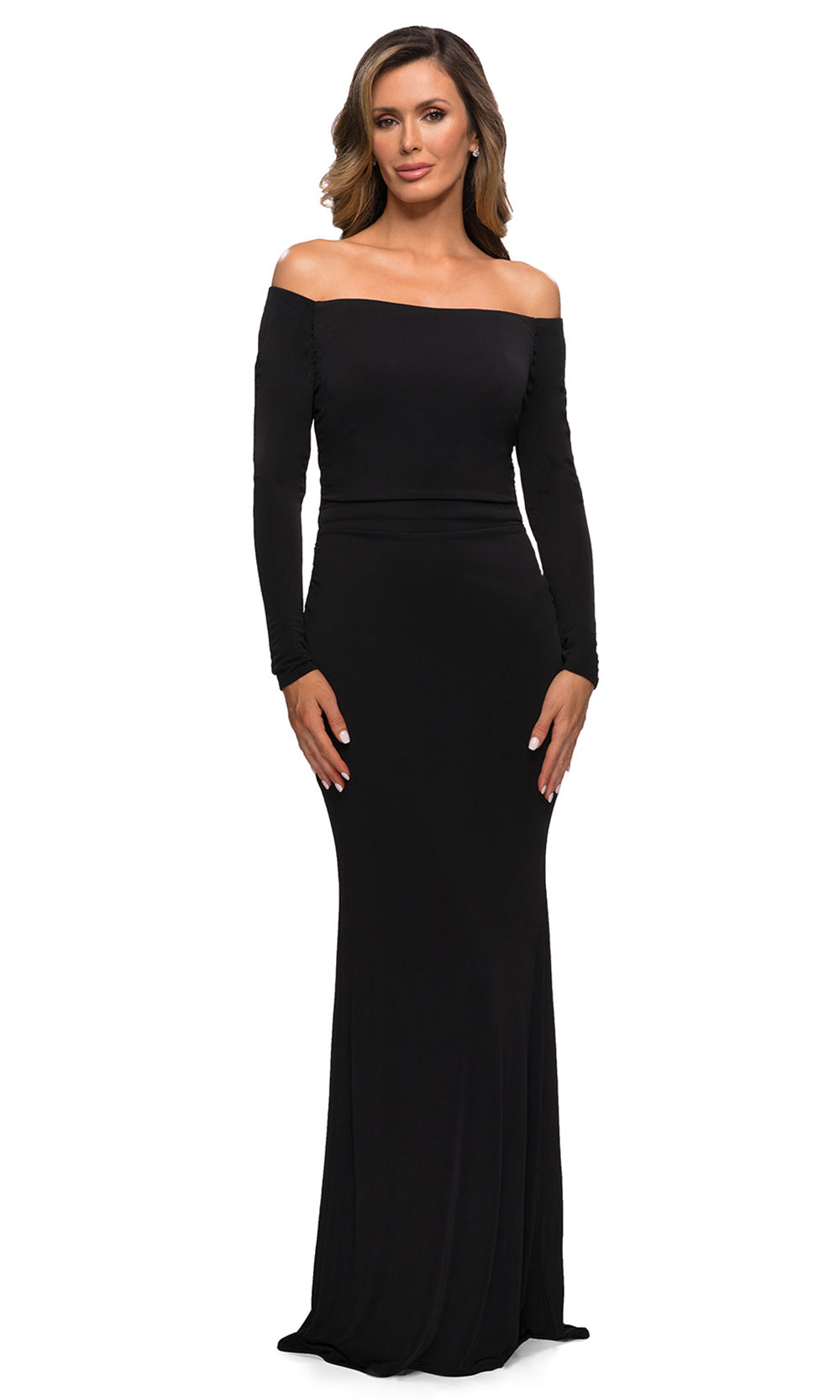 La Femme - 28054 Jersey Off-Shoulder Sheath Dress In Black