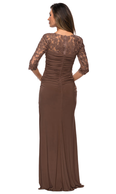 La Femme - 28056 V Neck Jersey Fitted Dress In Brown
