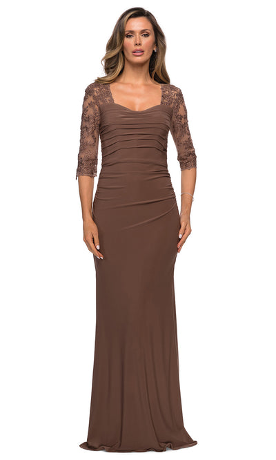 La Femme - 28056 V Neck Jersey Fitted Dress In Brown