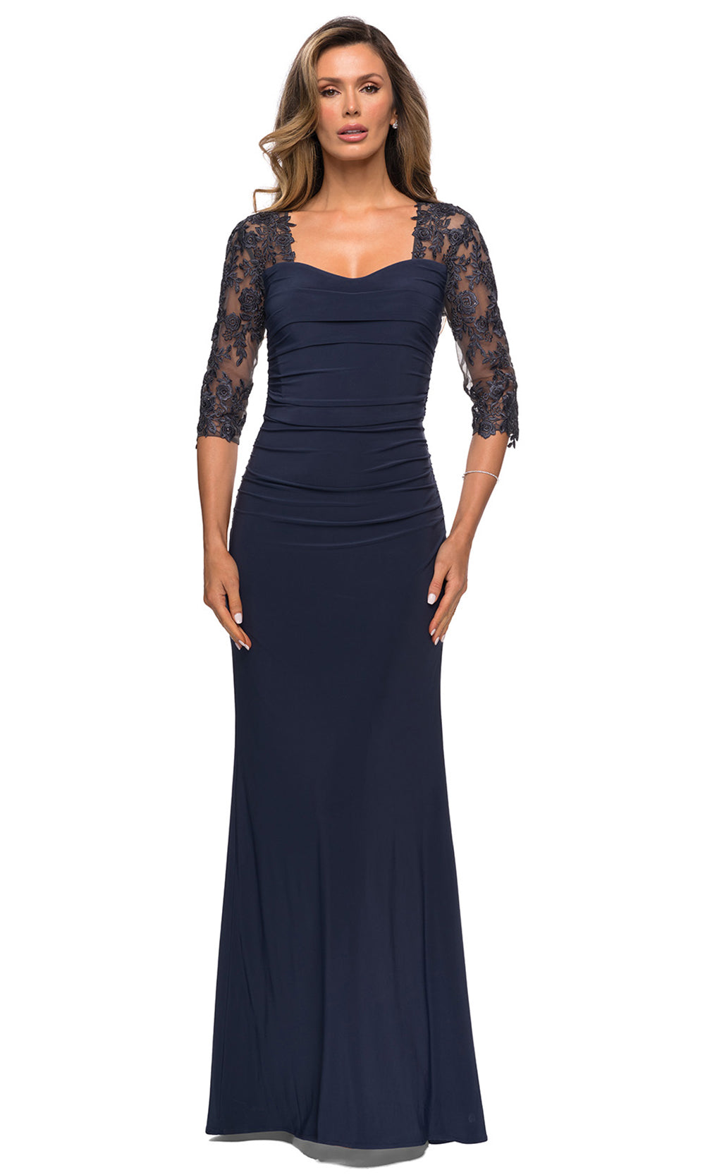 La Femme - 28056 V Neck Jersey Fitted Dress In Blue