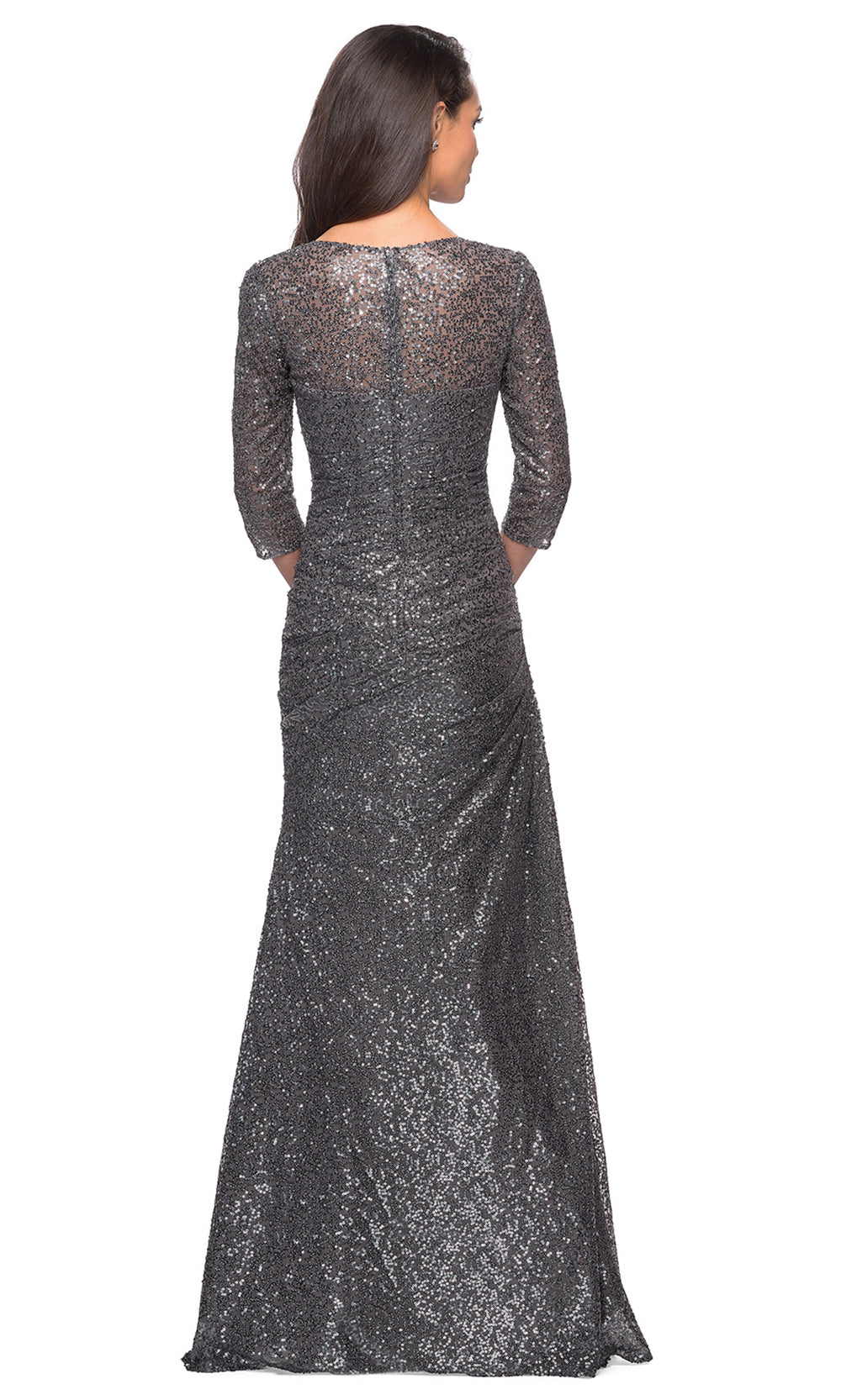 La Femme - 28065 Quarter Sleeve Shirred Sequin-Ornate Dress In Silver & Gray