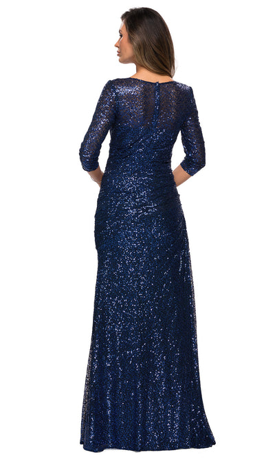 La Femme - 28065 Quarter Sleeve Shirred Sequin-Ornate Dress In Blue