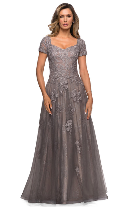 La Femme - 28091 Floral Lace Tulle Gown In Silver and Gray
