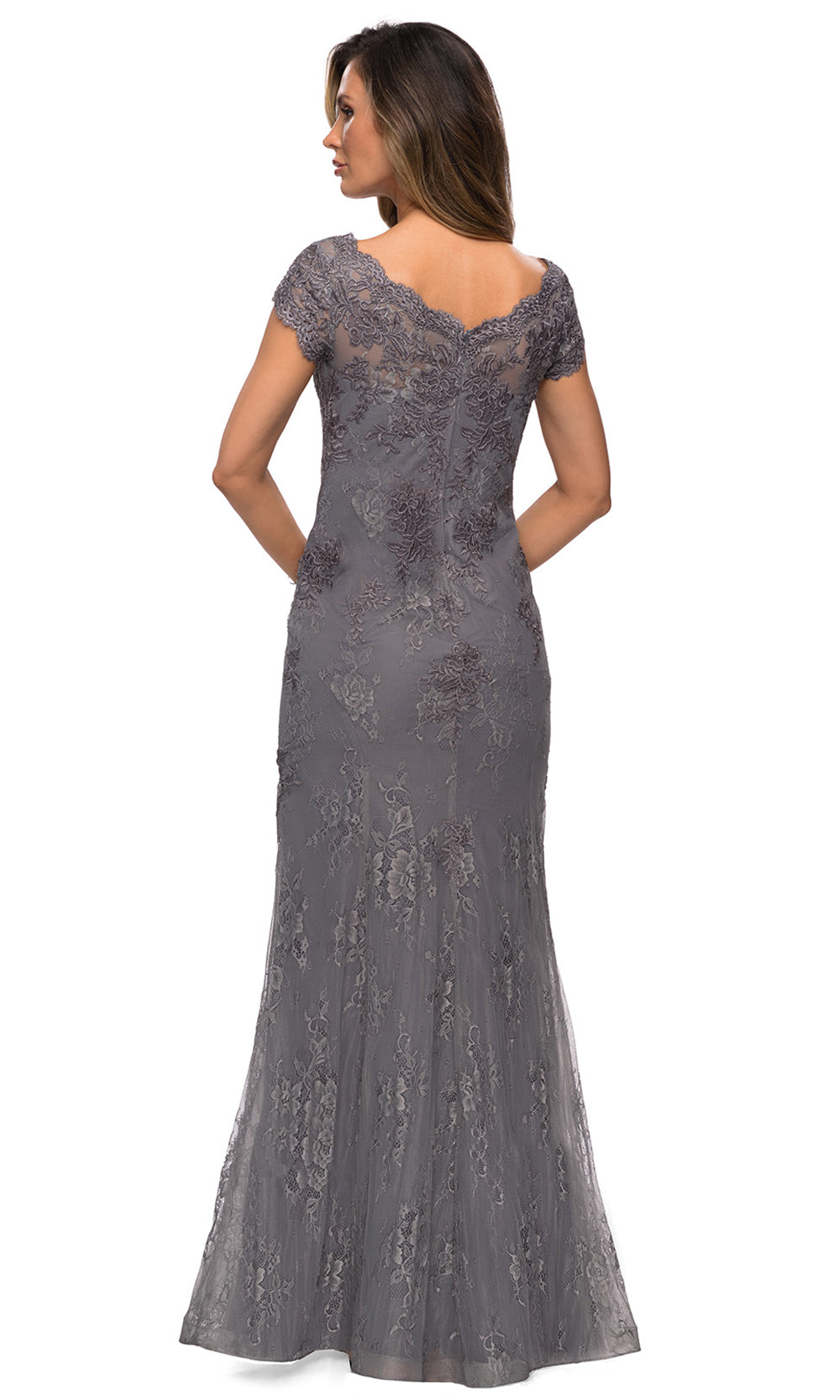 La Femme - 28099 Crystal Beaded Lace Trumpet Formal Dress In Silver & Gray