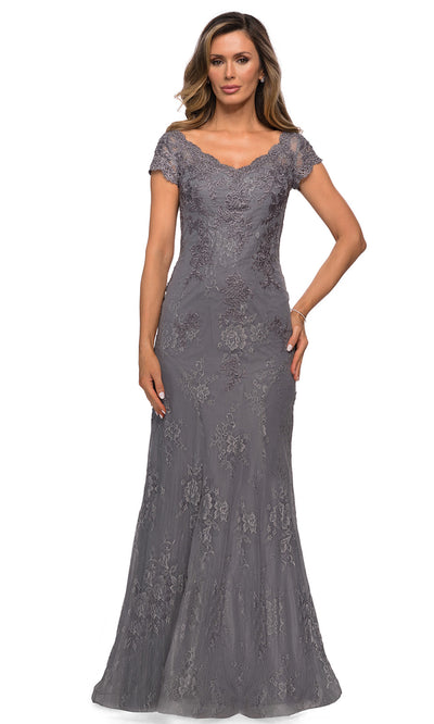 La Femme - 28099 Crystal Beaded Lace Trumpet Formal Dress In Silver & Gray