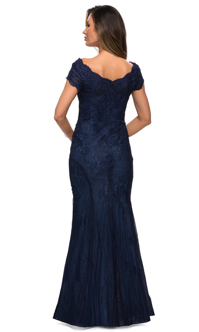 La Femme - 28099 Crystal Beaded Lace Trumpet Formal Dress In Blue