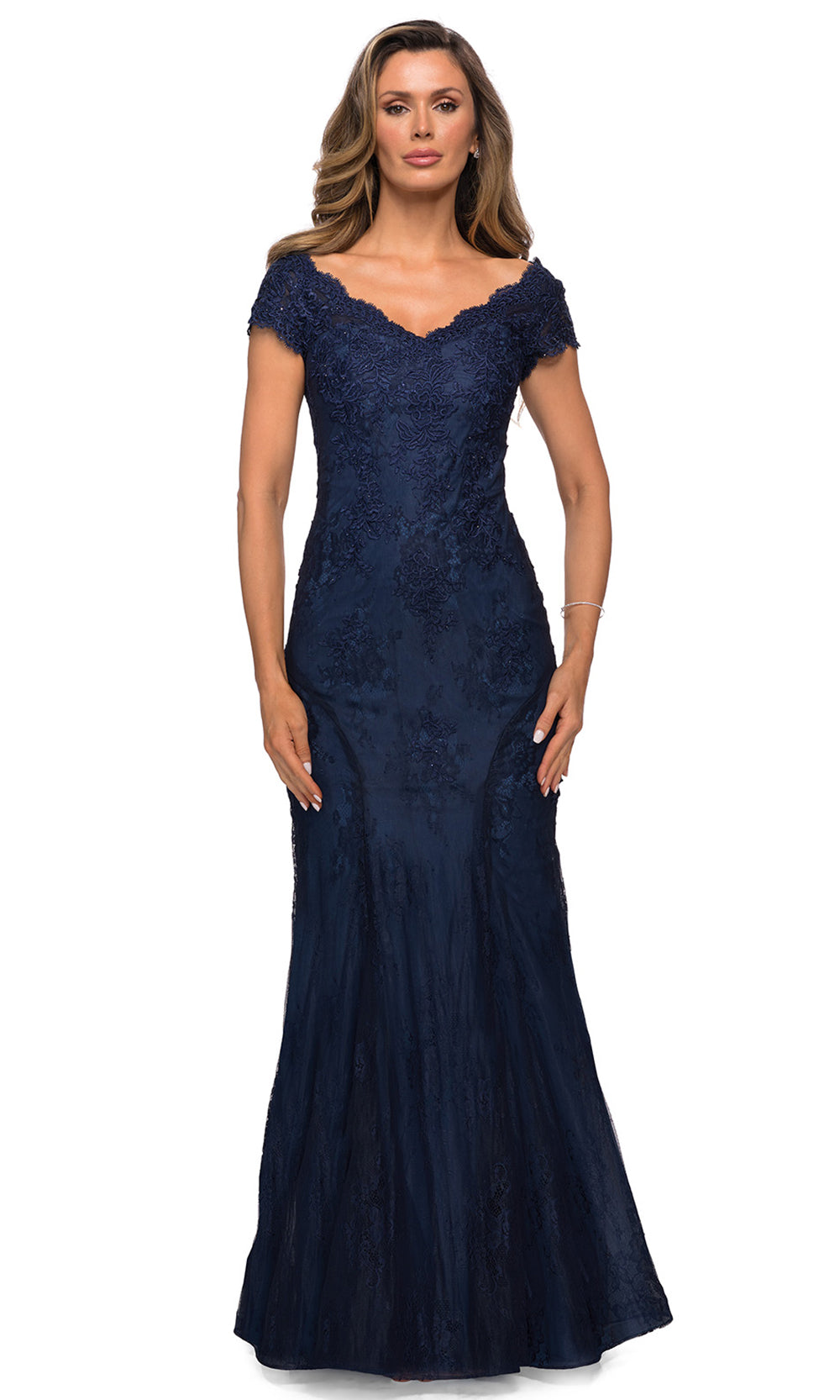 La Femme - 28099 Crystal Beaded Lace Trumpet Formal Dress In Blue