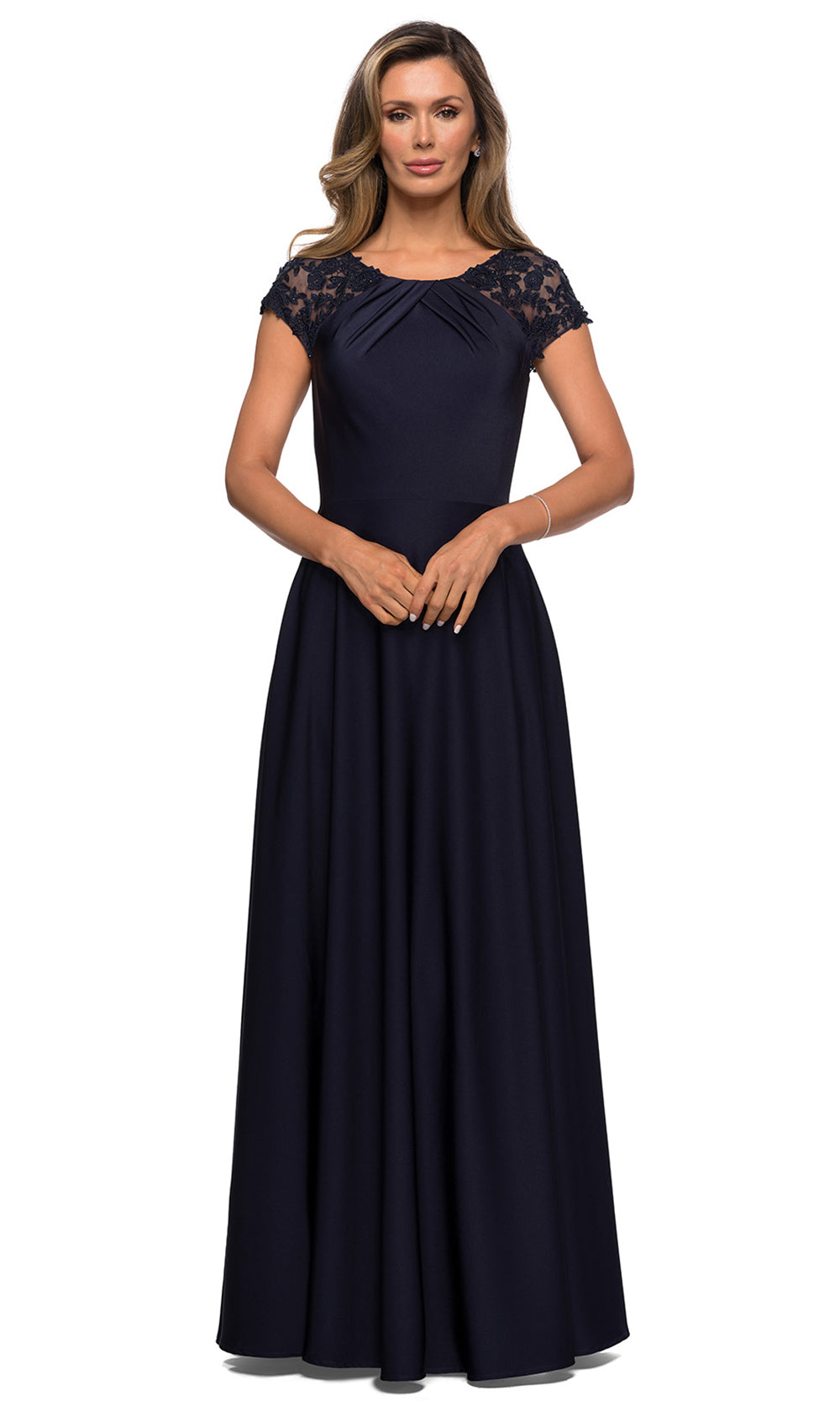 La Femme - 28100 Lace And Satin A-Line Gown In Blue