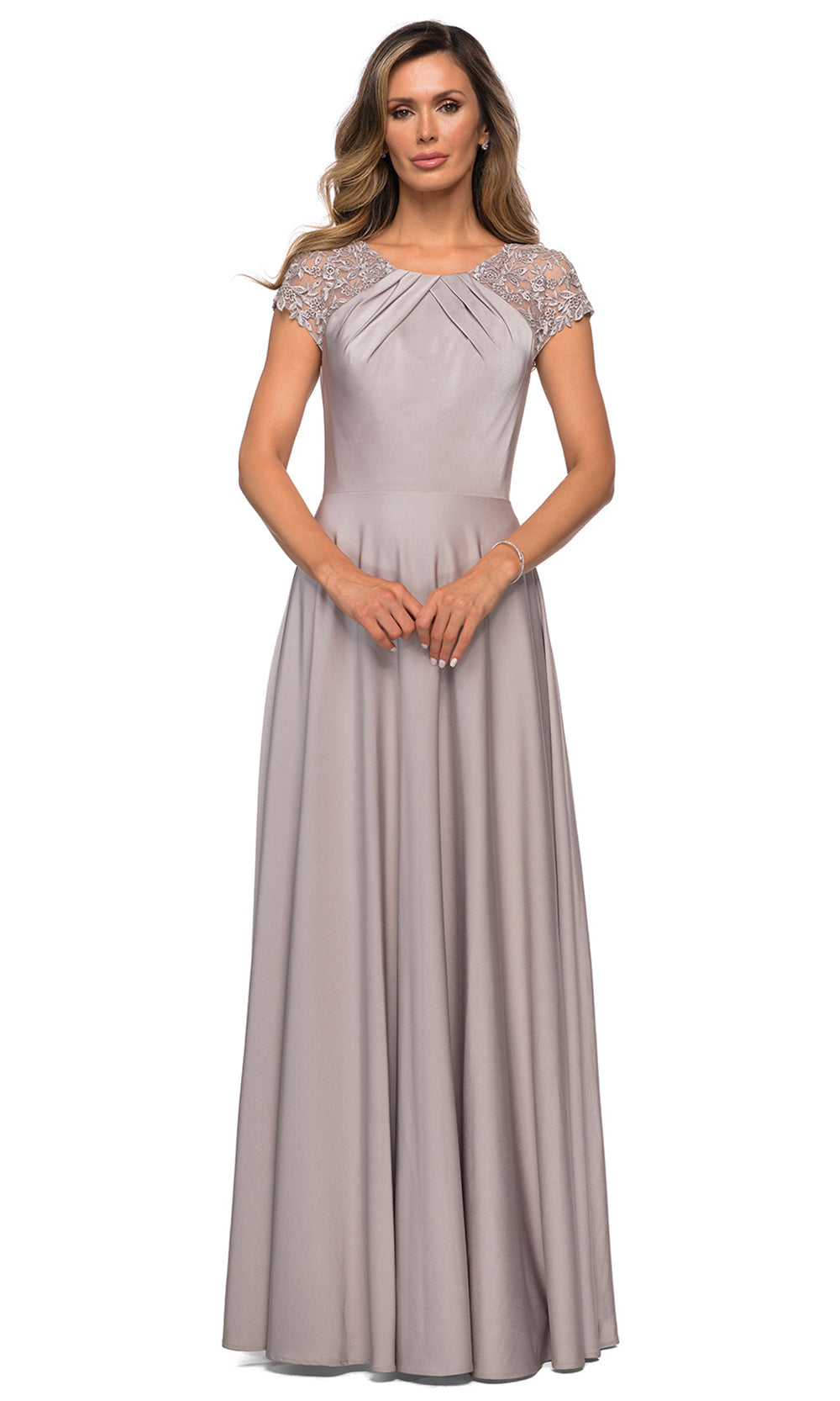 La Femme - 28100 Lace And Satin A-Line Gown In Silver