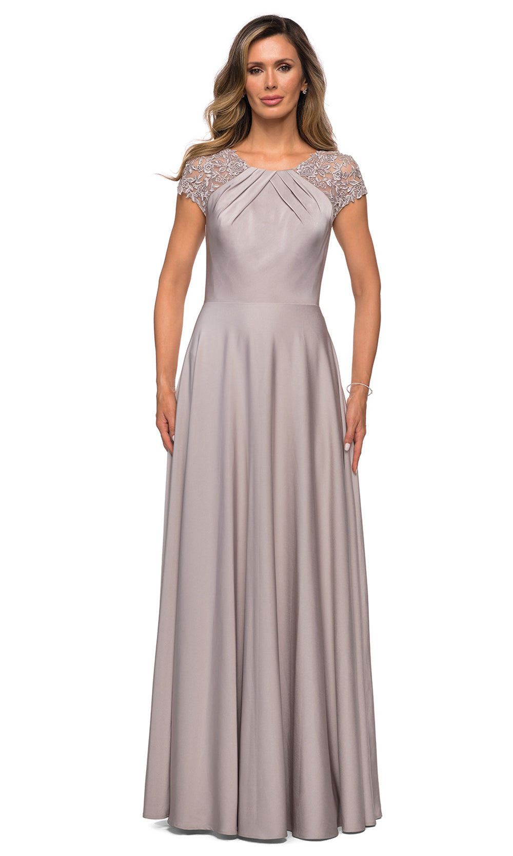 La Femme - 28100 Lace And Satin A-Line Gown In Silver