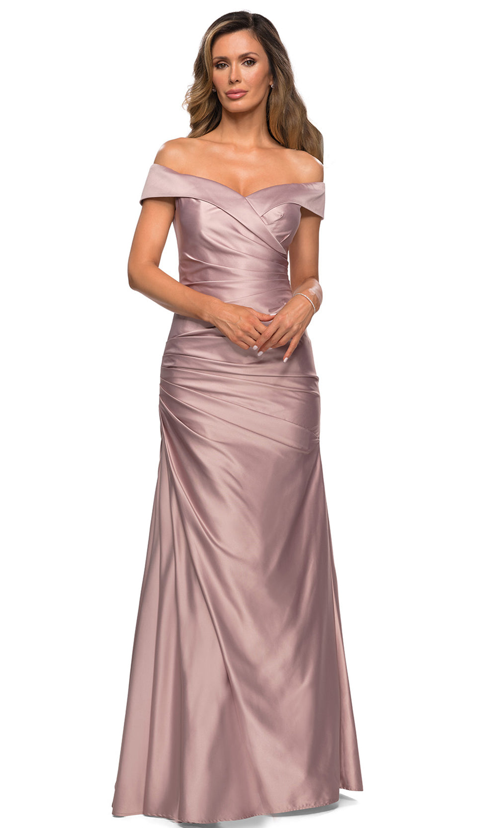 La Femme - 28103 Off-Shoulder Ruched Fitted Bodice Satin Evening Dress In Champagne & Gold