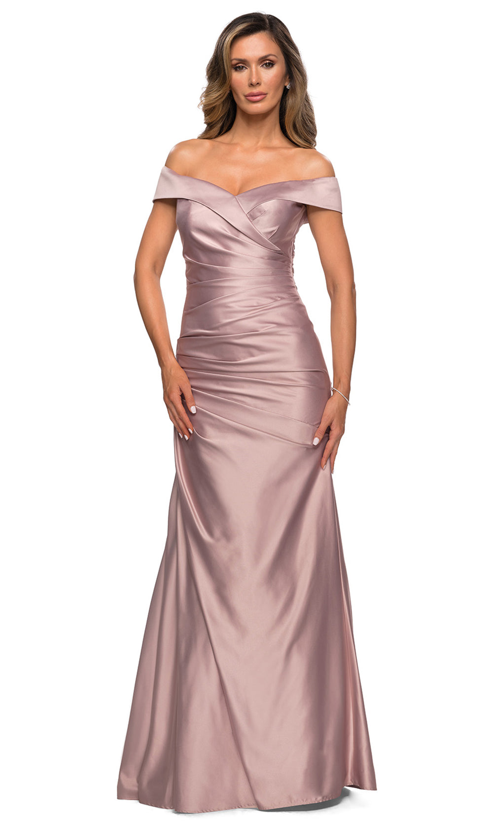 La Femme - 28103 Off-Shoulder Ruched Fitted Bodice Satin Evening Dress In Champagne & Gold