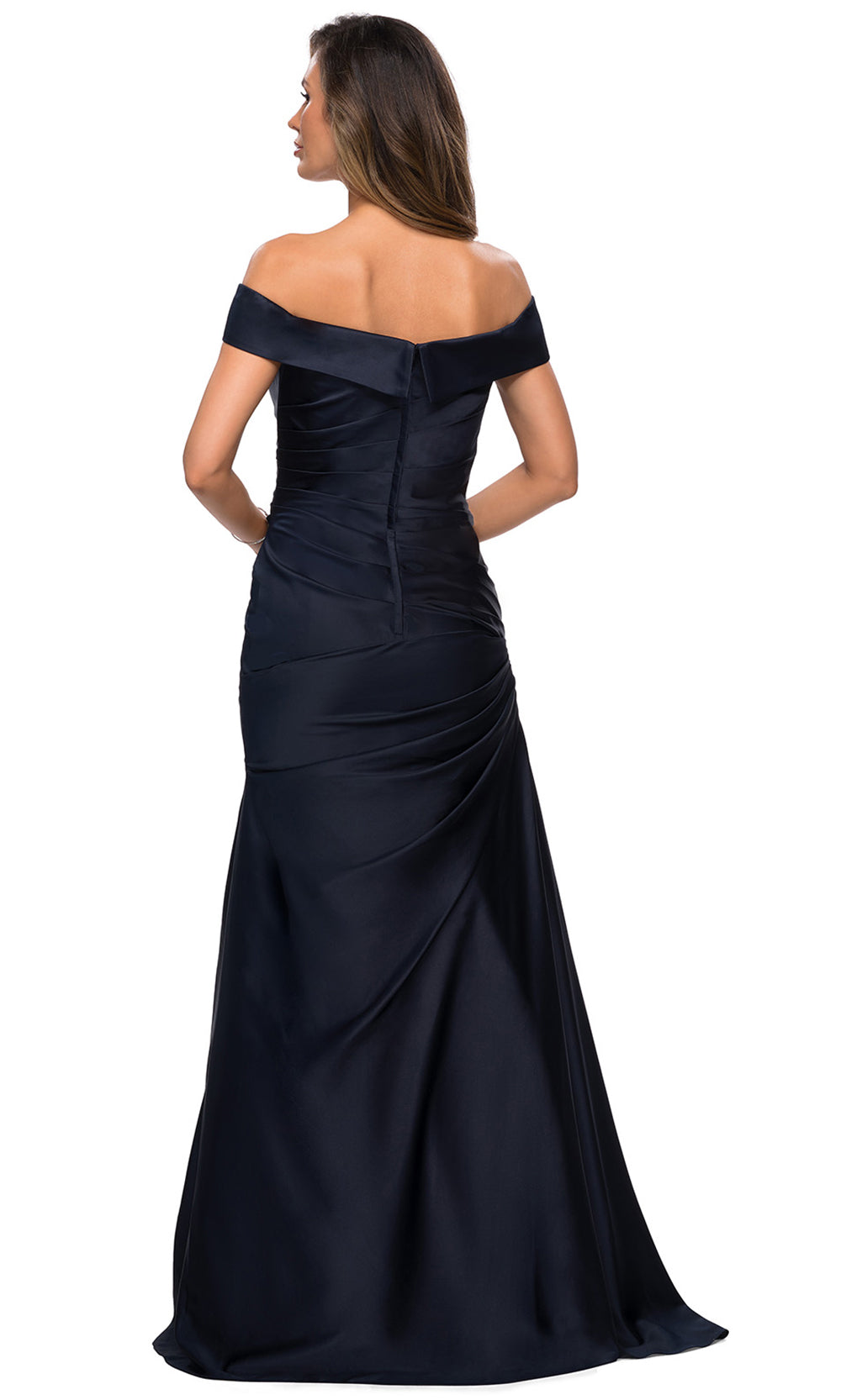 La Femme - 28103 Off-Shoulder Ruched Fitted Bodice Satin Evening Dress In Blue