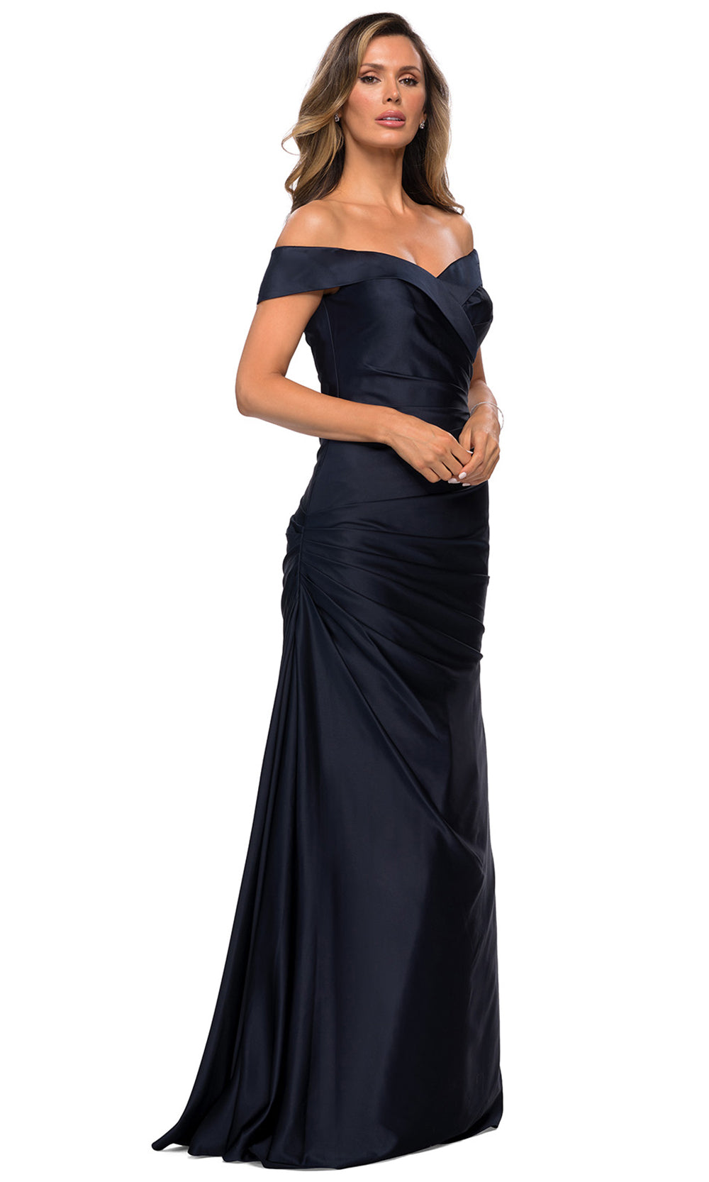 La Femme - 28103 Off-Shoulder Ruched Fitted Bodice Satin Evening Dress In Blue