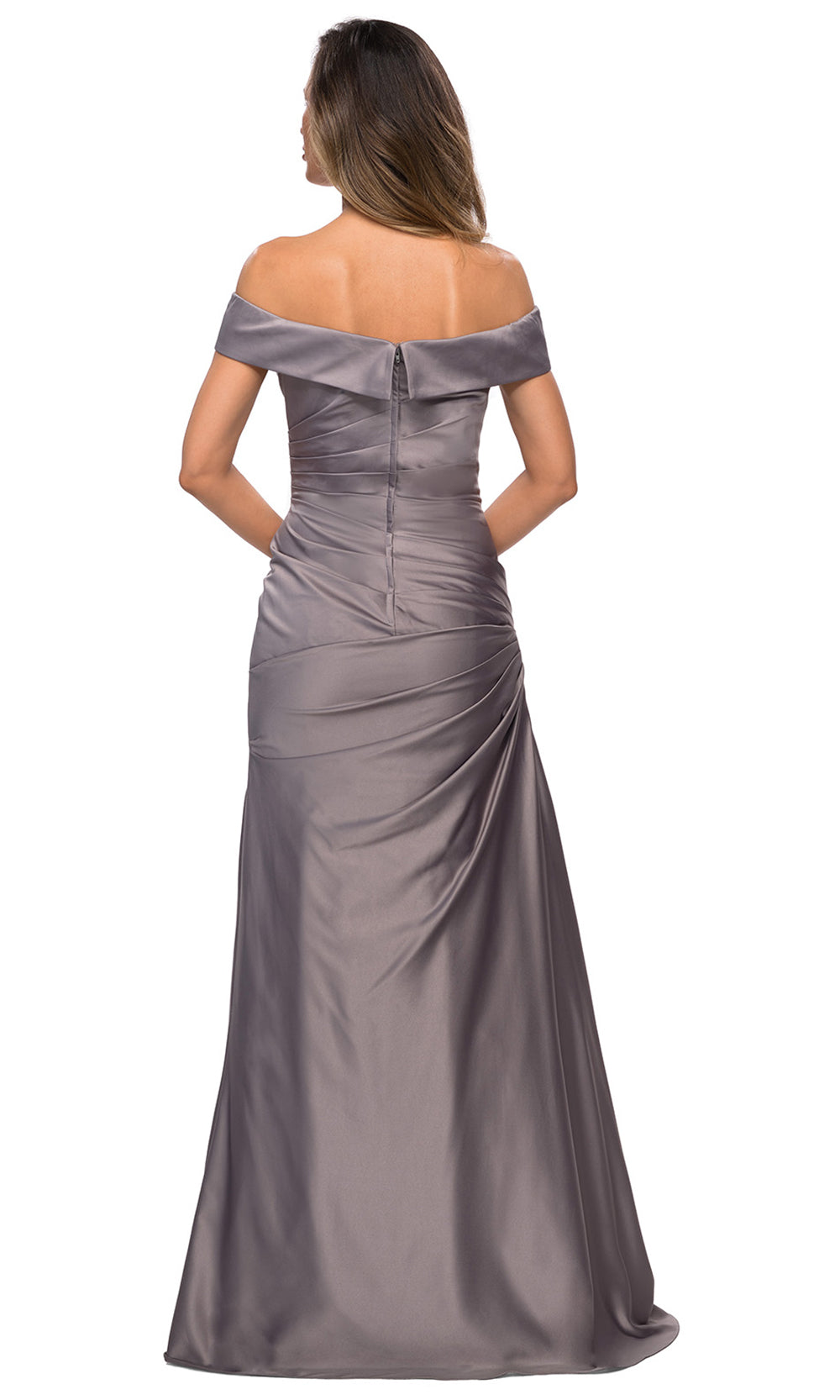 La Femme - 28103 Off-Shoulder Ruched Fitted Bodice Satin Evening Dress In Silver & Gray