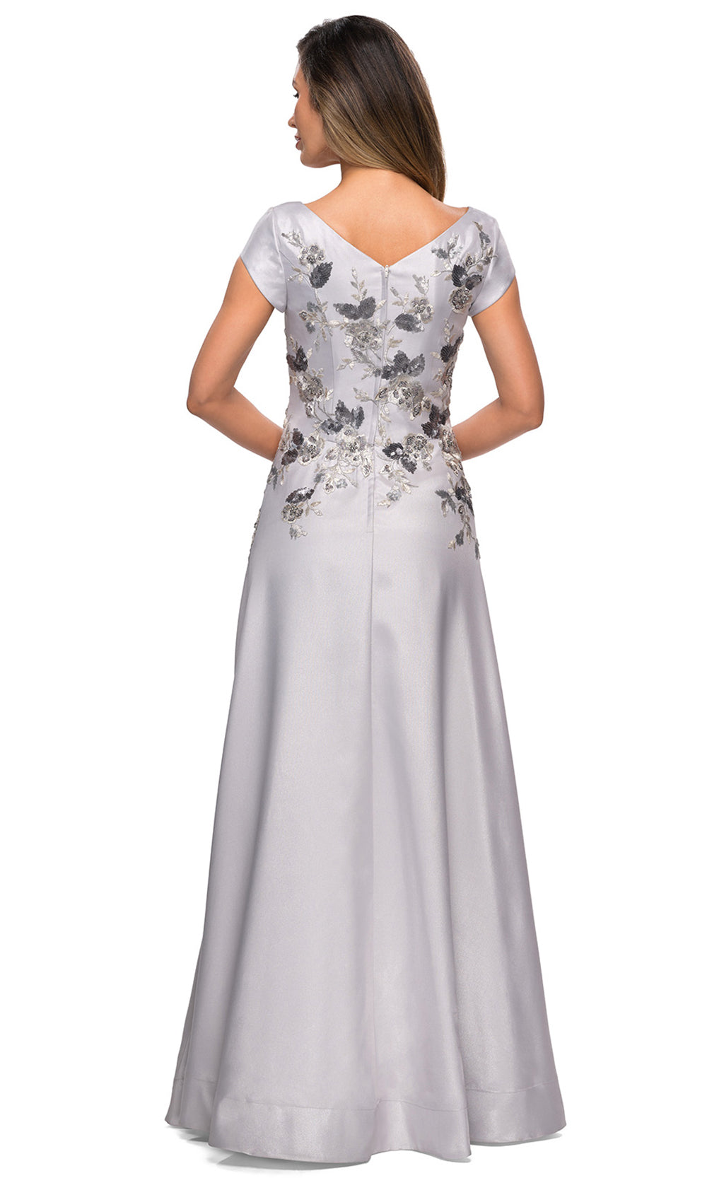 La Femme - 28105 Floral V Neck A-Line Long Dress In Silver and Gray