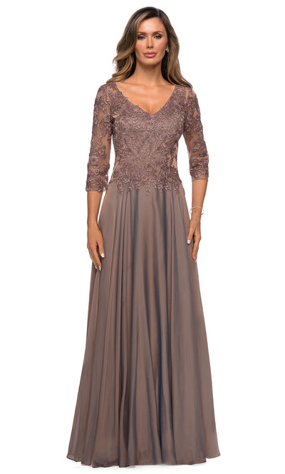 La Femme - 28106 Quarter Sleeve Embroidered Lace Bodice A-Line Dress In Brown