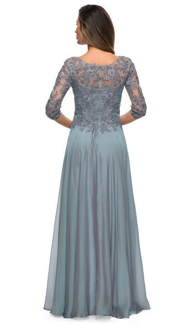 La Femme - 28106 Quarter Sleeve Embroidered Lace Bodice A-Line Dress In Blue