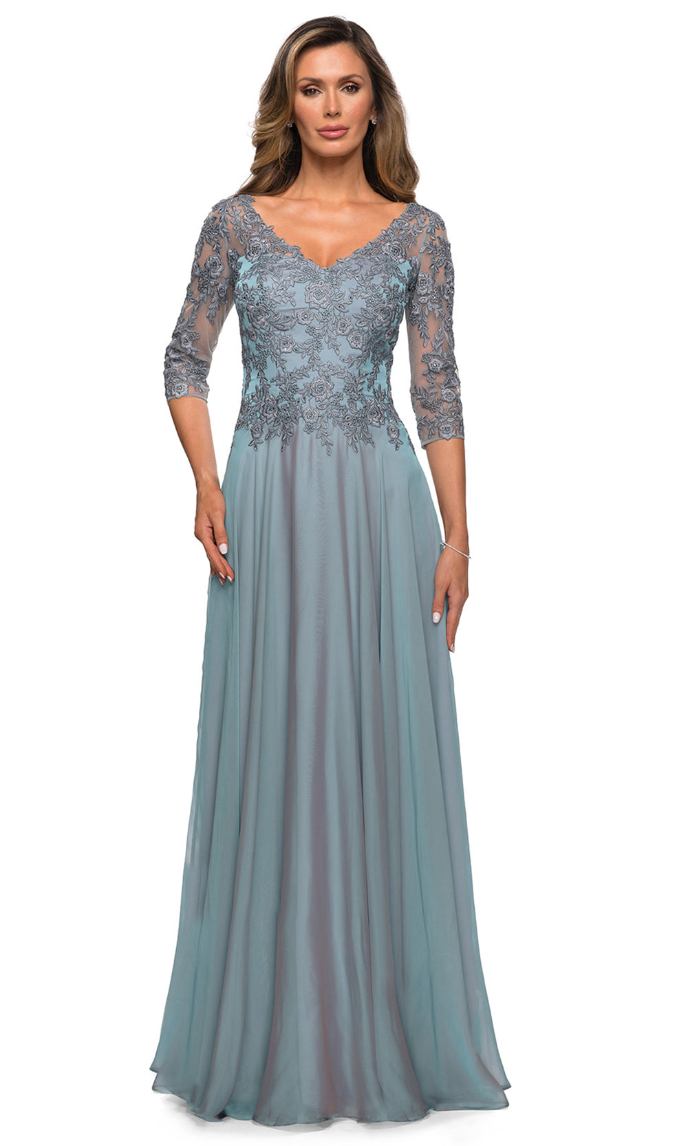 La Femme - 28106 Quarter Sleeve Embroidered Lace Bodice A-Line Dress In Blue