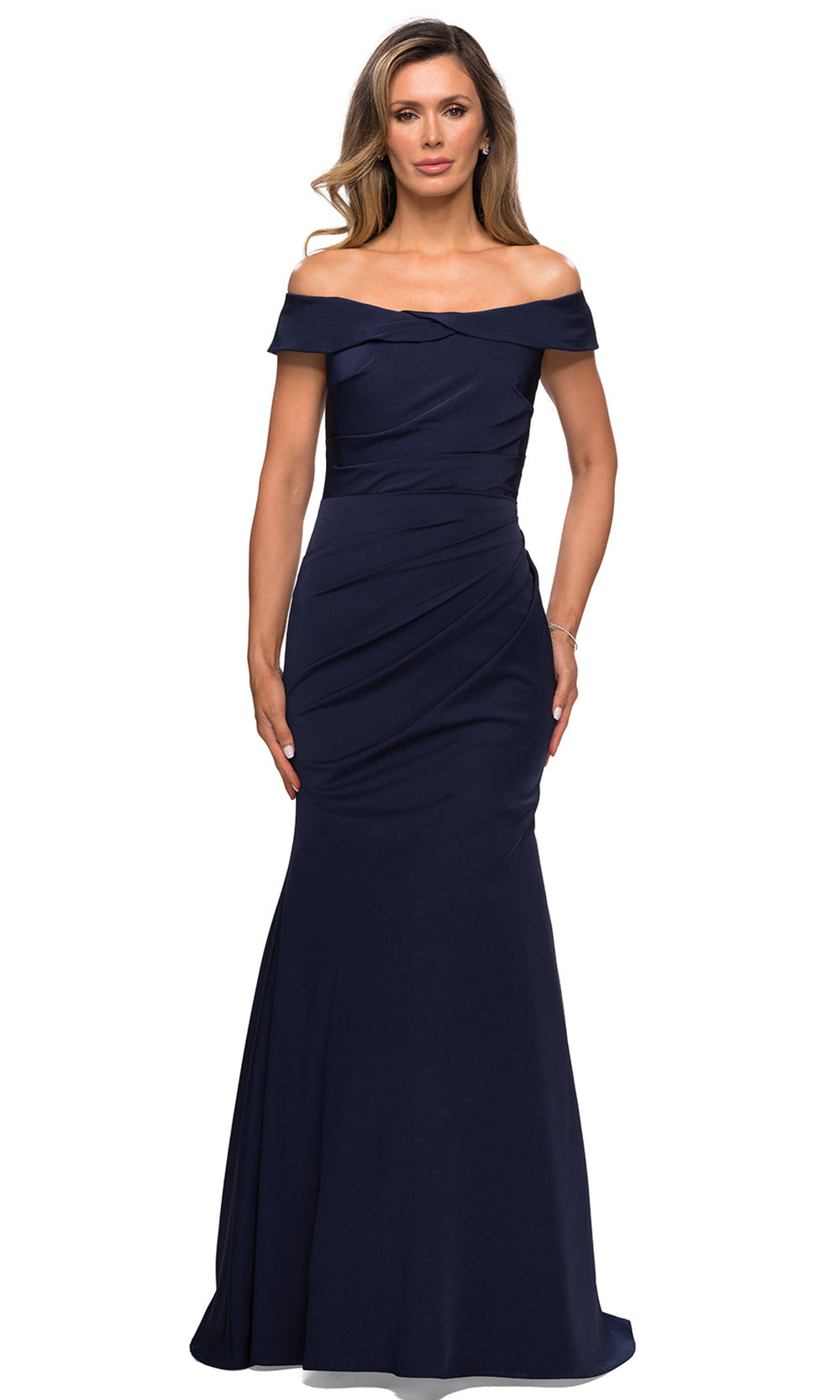La Femme - 28110 Draped Off Shoulder Long Dress In Blue